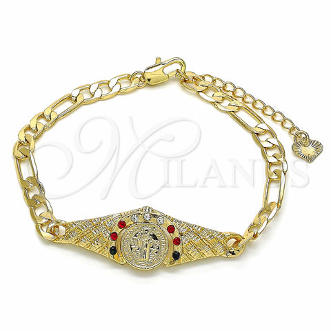 Oro Laminado Fancy Bracelet, Gold Filled Style San Benito Design, with Multicolor Crystal, Diamond Cutting Finish, Golden Finish, 03.351.0048.2.07 (06 MM Thickness, 7 Inches Length)