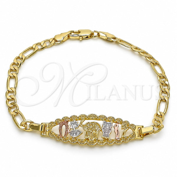 Oro Laminado Fancy Bracelet, Gold Filled Style Elephant and Owl Design, Polished, Tricolor, 03.351.0049.07 (05 MM Thickness, 7 Inches Length)