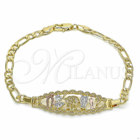 Oro Laminado Fancy Bracelet, Gold Filled Style Elephant and Owl Design, Polished, Tricolor, 03.351.0049.07 (05 MM Thickness, 7 Inches Length)