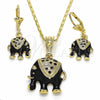 Oro Laminado Earring and Pendant Adult Set, Gold Filled Style Elephant Design, with White Crystal, Black Enamel Finish, Golden Finish, 10.351.0004.1