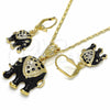 Oro Laminado Earring and Pendant Adult Set, Gold Filled Style Elephant Design, with White Crystal, Black Enamel Finish, Golden Finish, 10.351.0004.1