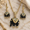 Oro Laminado Earring and Pendant Adult Set, Gold Filled Style Elephant Design, with White Crystal, Black Enamel Finish, Golden Finish, 10.351.0004.1