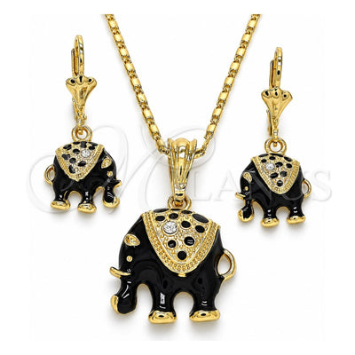 Oro Laminado Earring and Pendant Adult Set, Gold Filled Style Elephant Design, with White Crystal, Black Enamel Finish, Golden Finish, 10.351.0004.1