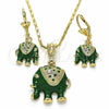 Oro Laminado Earring and Pendant Adult Set, Gold Filled Style Elephant Design, with White Crystal, Green Enamel Finish, Golden Finish, 10.351.0004.2
