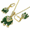 Oro Laminado Earring and Pendant Adult Set, Gold Filled Style Elephant Design, with White Crystal, Green Enamel Finish, Golden Finish, 10.351.0004.2