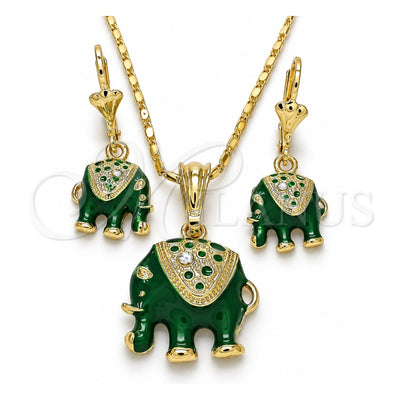 Oro Laminado Earring and Pendant Adult Set, Gold Filled Style Elephant Design, with White Crystal, Green Enamel Finish, Golden Finish, 10.351.0004.2