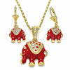 Oro Laminado Earring and Pendant Adult Set, Gold Filled Style Elephant Design, with White Crystal, Red Enamel Finish, Golden Finish, 10.351.0004.3