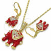 Oro Laminado Earring and Pendant Adult Set, Gold Filled Style Elephant Design, with White Crystal, Red Enamel Finish, Golden Finish, 10.351.0004.3