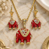 Oro Laminado Earring and Pendant Adult Set, Gold Filled Style Elephant Design, with White Crystal, Red Enamel Finish, Golden Finish, 10.351.0004.3