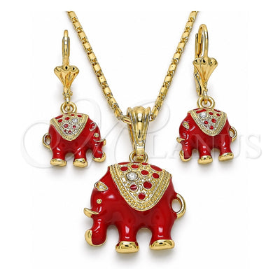 Oro Laminado Earring and Pendant Adult Set, Gold Filled Style Elephant Design, with White Crystal, Red Enamel Finish, Golden Finish, 10.351.0004.3
