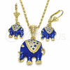 Oro Laminado Earring and Pendant Adult Set, Gold Filled Style Elephant Design, with White Crystal, Blue Enamel Finish, Golden Finish, 10.351.0004.4