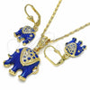 Oro Laminado Earring and Pendant Adult Set, Gold Filled Style Elephant Design, with White Crystal, Blue Enamel Finish, Golden Finish, 10.351.0004.4