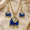 Oro Laminado Earring and Pendant Adult Set, Gold Filled Style Elephant Design, with White Crystal, Blue Enamel Finish, Golden Finish, 10.351.0004.4