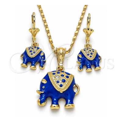 Oro Laminado Earring and Pendant Adult Set, Gold Filled Style Elephant Design, with White Crystal, Blue Enamel Finish, Golden Finish, 10.351.0004.4