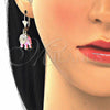 Oro Laminado Earring and Pendant Adult Set, Gold Filled Style Elephant Design, with White Crystal, Pink Enamel Finish, Golden Finish, 10.351.0004.5