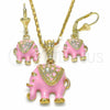 Oro Laminado Earring and Pendant Adult Set, Gold Filled Style Elephant Design, with White Crystal, Pink Enamel Finish, Golden Finish, 10.351.0004.5