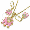 Oro Laminado Earring and Pendant Adult Set, Gold Filled Style Elephant Design, with White Crystal, Pink Enamel Finish, Golden Finish, 10.351.0004.5