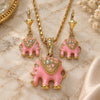 Oro Laminado Earring and Pendant Adult Set, Gold Filled Style Elephant Design, with White Crystal, Pink Enamel Finish, Golden Finish, 10.351.0004.5