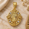 Oro Laminado Religious Pendant, Gold Filled Style San Judas and Flower Design, with White Crystal, Polished, Golden Finish, 05.253.0067
