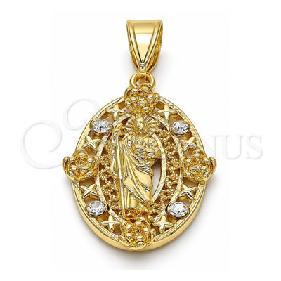 Oro Laminado Religious Pendant, Gold Filled Style San Judas and Flower Design, with White Crystal, Polished, Golden Finish, 05.253.0067
