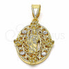 Oro Laminado Religious Pendant, Gold Filled Style San Judas and Flower Design, with White Crystal, Polished, Golden Finish, 05.253.0067