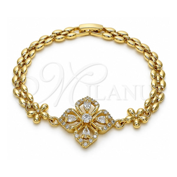 Oro Laminado Fancy Bracelet, Gold Filled Style Flower and Teardrop Design, with White Cubic Zirconia, Polished, Golden Finish, 03.357.0007.07 (06 MM Thickness, 7 Inches Length)