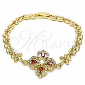 Gold Filled Bracelet — Fancy Bracelet Flower and Teardrop Design with Garnet — main product view — SKU 129077 | Oro Laminado brazalete — elegante Bracelet flor and Teardrop diseño with Garnet — SKU 129077