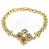 Oro Laminado Fancy Bracelet, Gold Filled Style Flower and Teardrop Design, with Garnet and White Cubic Zirconia, Polished, Golden Finish, 03.357.0007.1.07 (06 MM Thickness, 7 Inches Length)