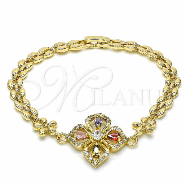 Oro Laminado Fancy Bracelet, Gold Filled Style Flower and Teardrop Design, with Multicolor Cubic Zirconia, Polished, Golden Finish, 03.357.0007.2.07 (06 MM Thickness, 7 Inches Length)