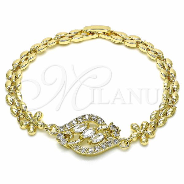 Oro Laminado Fancy Bracelet, Gold Filled Style Flower Design, with White Cubic Zirconia, Polished, Golden Finish, 03.357.0008.07 (06 MM Thickness, 7 Inches Length)