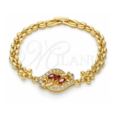Oro Laminado Fancy Bracelet, Gold Filled Style Flower Design, with Garnet and White Cubic Zirconia, Polished, Golden Finish, 03.357.0008.2.07 (06 MM Thickness, 7 Inches Length)