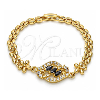Oro Laminado Fancy Bracelet, Gold Filled Style Flower Design, with Black and White Cubic Zirconia, Polished, Golden Finish, 03.357.0008.3.07 (7 Inches Length)