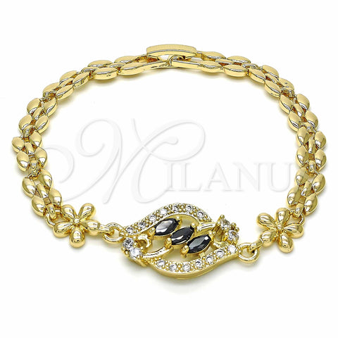Oro Laminado Fancy Bracelet, Gold Filled Style Flower Design, with Black and White Cubic Zirconia, Polished, Golden Finish, 03.357.0008.3.07 (7 Inches Length)