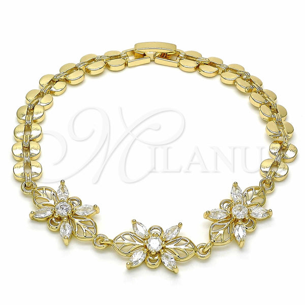 Oro Laminado Fancy Bracelet, Gold Filled Style Flower Design, with White Cubic Zirconia, Polished, Golden Finish, 03.357.0009.07 (07 MM Thickness, 7 Inches Length)
