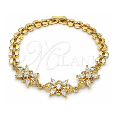 Oro Laminado Fancy Bracelet, Gold Filled Style Flower Design, with White Cubic Zirconia, Polished, Golden Finish, 03.357.0009.07 (07 MM Thickness, 7 Inches Length)