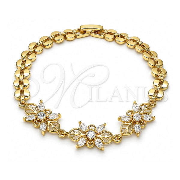 Oro Laminado Fancy Bracelet, Gold Filled Style Flower Design, with White Cubic Zirconia, Polished, Golden Finish, 03.357.0009.07 (07 MM Thickness, 7 Inches Length)