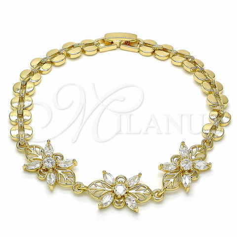Oro Laminado Fancy Bracelet, Gold Filled Style Flower Design, with White Cubic Zirconia, Polished, Golden Finish, 03.357.0009.07 (07 MM Thickness, 7 Inches Length)
