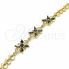 Oro Laminado Fancy Bracelet, Gold Filled Style Flower Design, with Black Cubic Zirconia, Polished, Golden Finish, 03.357.0009.3.07 (07 MM Thickness, 7 Inches Length)