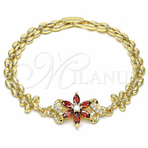 Gold Filled Bracelet — Fancy Bracelet Flower Design with Garnet and White — main product view — SKU 129090 | Oro Laminado brazalete — elegante Bracelet flor diseño with Garnet and blanco — SKU 129090