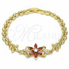 Oro Laminado Fancy Bracelet, Gold Filled Style Flower Design, with Garnet and White Cubic Zirconia, Polished, Golden Finish, 03.357.0010.2.07 (06 MM Thickness, 7 Inches Length)