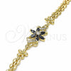 Oro Laminado Fancy Bracelet, Gold Filled Style Flower Design, with Black and White Cubic Zirconia, Polished, Golden Finish, 03.357.0010.3.07 (06 MM Thickness, 7 Inches Length)