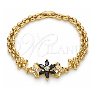 Oro Laminado Fancy Bracelet, Gold Filled Style Flower Design, with Black and White Cubic Zirconia, Polished, Golden Finish, 03.357.0010.3.07 (06 MM Thickness, 7 Inches Length)