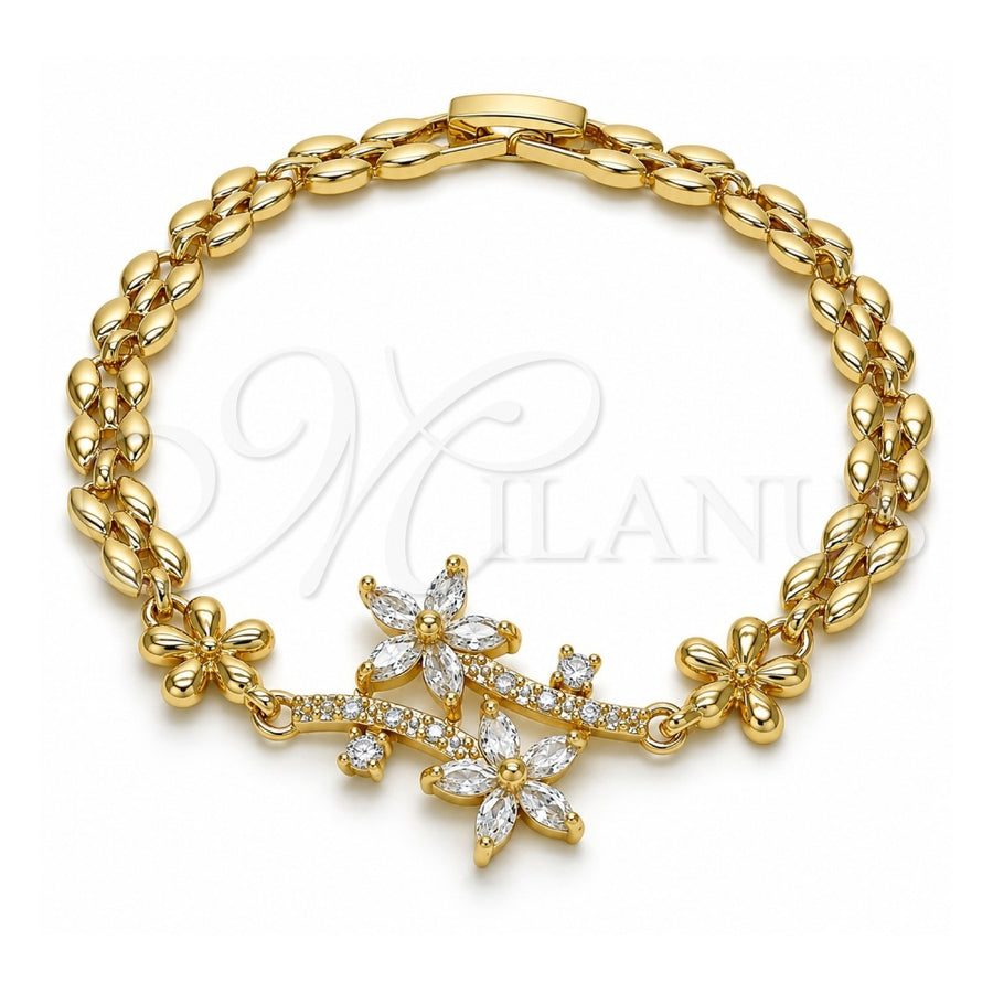 Oro Laminado Fancy Bracelet, Gold Filled Style Flower Design, with White Cubic Zirconia, Polished, Golden Finish, 03.357.0011.07 (06 MM Thickness, 7 Inches Length)
