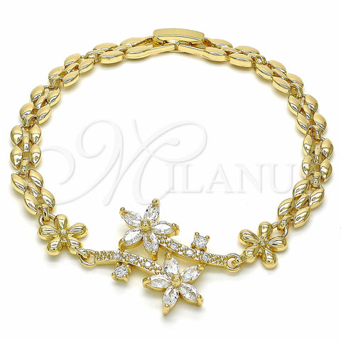 Oro Laminado Fancy Bracelet, Gold Filled Style Flower Design, with White Cubic Zirconia, Polished, Golden Finish, 03.357.0011.07 (06 MM Thickness, 7 Inches Length)