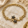 Oro Laminado Fancy Bracelet, Gold Filled Style Flower Design, with Black and White Cubic Zirconia, Polished, Golden Finish, 03.357.0011.3.07 (06 MM Thickness, 7 Inches Length)