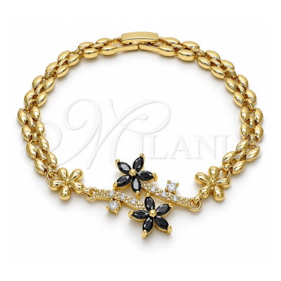 Oro Laminado Fancy Bracelet, Gold Filled Style Flower Design, with Black and White Cubic Zirconia, Polished, Golden Finish, 03.357.0011.3.07 (06 MM Thickness, 7 Inches Length)