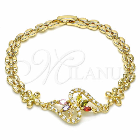 Oro Laminado Fancy Bracelet, Gold Filled Style Flower Design, with Multicolor and White Cubic Zirconia, Polished, Golden Finish, 03.357.0012.1.07 (06 MM Thickness, 7 Inches Length)