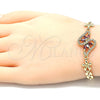 Oro Laminado Fancy Bracelet, Gold Filled Style Flower Design, with Garnet and White Cubic Zirconia, Polished, Golden Finish, 03.357.0012.2.07 (06 MM Thickness, 7 Inches Length)