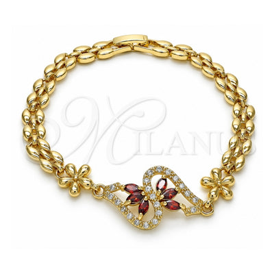 Oro Laminado Fancy Bracelet, Gold Filled Style Flower Design, with Garnet and White Cubic Zirconia, Polished, Golden Finish, 03.357.0012.2.07 (06 MM Thickness, 7 Inches Length)