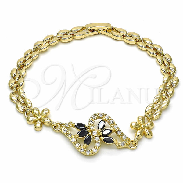 Oro Laminado Fancy Bracelet, Gold Filled Style Flower Design, with Black and White Cubic Zirconia, Polished, Golden Finish, 03.357.0012.3.07 (06 MM Thickness, 7 Inches Length)